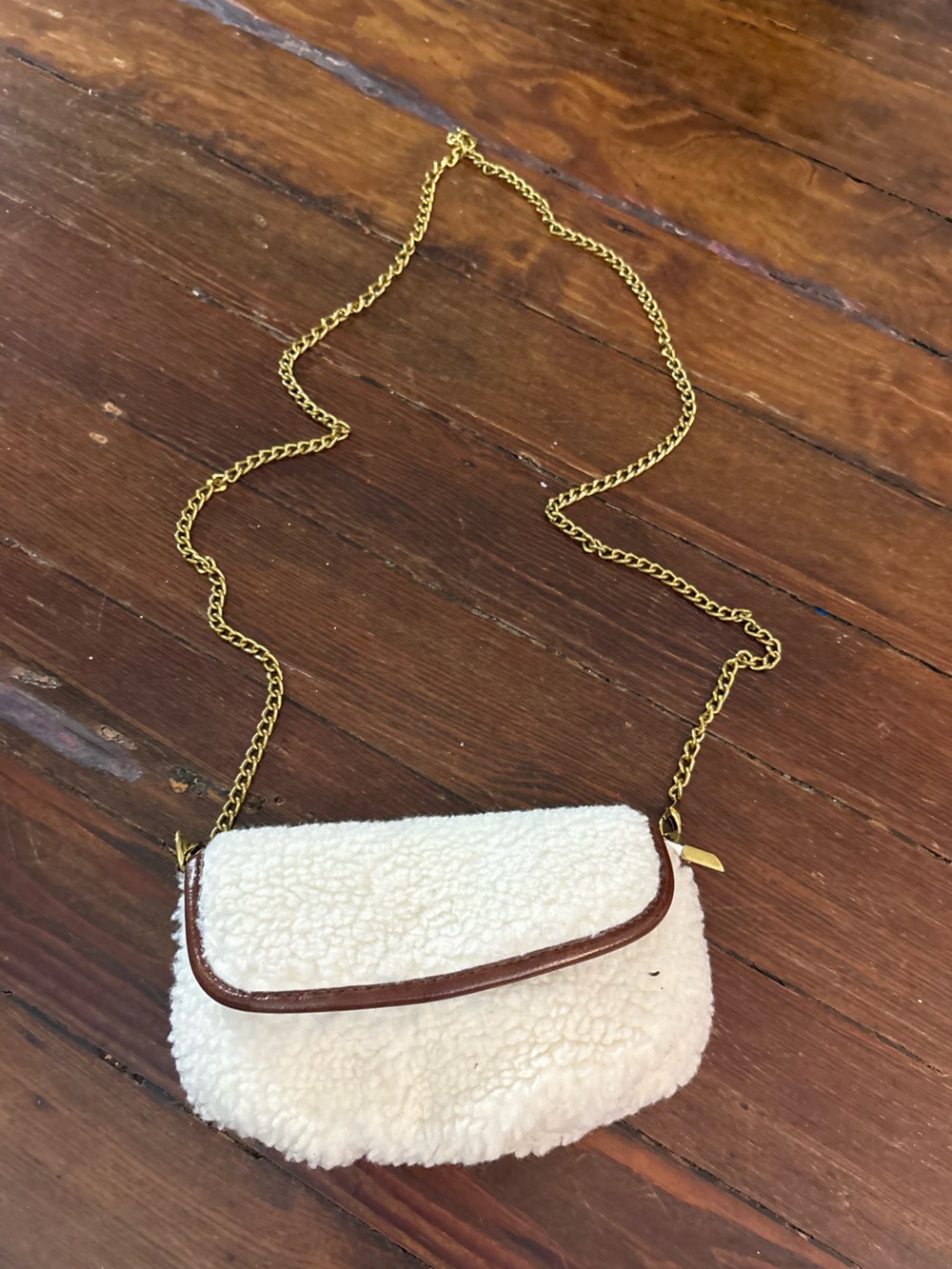 Anthropologie cream brown shearling mini crossbody bag purse handbag
